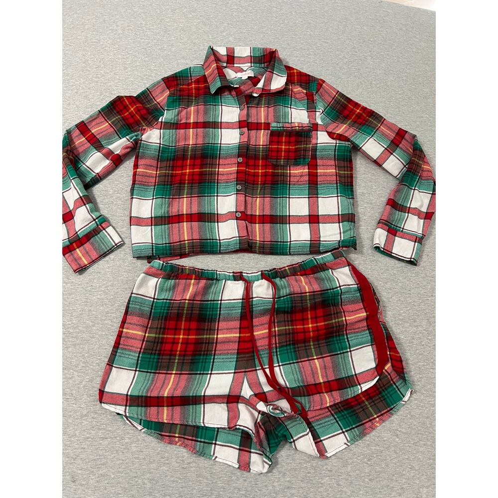 Colsie Women's Large Plaid Flannel Pajama Set - Red & Green